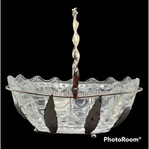 Vintage Crystal Bowl with Ornate Silver Plate Caddy Moveable Handle